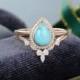 2PCS Pear shaped Turquoise ring Halo Diamond engagement ring set rose gold vintage ring Moissanite wedding Bridal Anniversary gift for women