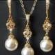 Pearl Gold Bridal Jewelry Set, Swarovski White Pearl Earrings&Necklace Set, Wedding Jewelry, Bridal Jewelry, Chandelier Earrings Pendant Set