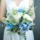 Pastel blue white silk flowers bouquet with greenery Best quality dusty miller flocked leafs roses hydrangea eucalyptus ivory bridesmaid