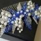 Bridal Hair Comb, White Pearl Sapphire Hair Piece, Wedding Headpiece, Floral white Blue Hair Piece, Bridal Hair Jewelry Sapphire Silver Comb
