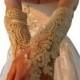 Long ivory or champagne gold Wedding gloves bridal fingerless french lace arm warmers cuff gauntlets fingerloop, Long lace glove