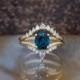 Alternative engagement ring-Blue Green Sapphire wedding ring set-Gatsby Diamond Engagement Ring-Sapphire diamond ring-Vintage ring