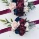 Burgundy and navy flower corsage, Floral wrist corsages, Maroon wrist corsages, Bridesmaids corsages,  Wedding bracelets,  Bridal bracelet,