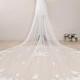 Sequined Wedding Veil, Floral Bridal Veil, Two Tier Wedding Veil,Sequined Partial Lace Cathedral Veil, Chapel Length Veil Ivory,Blusher Veil