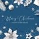 Merry Christmas invitation card freeze white winter paper cut elements snowflake fir poinsettia flower gift box PDF 7x5 in