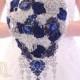 Navy blue Silver Teardrop , cascading BROOCH BOUQUET  ivory or white color, silver jeweled with crystals , alternative bridal broach boquet