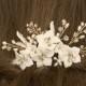 Gold Bridal Hair Comb, Floral Beaded Wedding Hair, Bridal Headpiece, Wedding hair piece, White Flower Porcelain Hair Comb