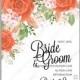 Wedding invitation card template peach golden orange rose greenery spring