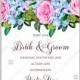 Pink rose watercolor blue hydrangea wedding invitation vector card