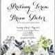 Anemone Wedding invitation card in light gray and navу leaves