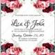 Watercolor floral peony red pink palm leaves wedding invitation template card invitation template