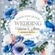 Blue peony, magent ranunculus, cream anemone rose, eucalyptus floral wedding invitation vector card template thank you card