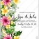 Aloha Tropical floral wedding invitation vector card template hibiscus frangipani palm leaves bridal shower invitation