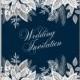 White poinsettia fir pine wreath on blue background wedding invitation template thank you card