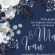 Wedding invitation set white anemone flower card template on navy blue background PDF 5x7 in invitation maker