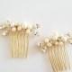 Small Gold Wedding Hair Comb, Gold Freshwater Pearl Bridal Hair Comb, Gold Crystal Bridal Hair Accessory