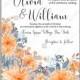 Peach orange chrysanthemum asters peony sunflower autumn wedding invitation vector template autumn