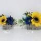 Sunflower comb , Yellow blue Flower comb ,Bridal headband ,Flower hair wreath,Flower halo,Wildflowers crown ,Rustic wedding