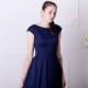 Long navy blue bridesmaid dress with cap sleeves. Modest lace dress floor length. Navy prom dress with sash
