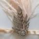 Blush Gatsby headband, blush ostrich feathers headpiece Silver Jewel or gold jewel headpiece Rose gold fascinator beige flapper thinestone