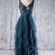 Ink Blue Bridesmaid Dress Ruffle Tulle Skirt Prom Dress Sexy V Back Formal Dress V Neck Party Dress Sleeveless Lace Wedding Dress (HS376)