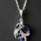 Navy Blue Crystal Necklace, Sapphire Silver Floral Pendant, Wedding Blue Cubic Zirconia Necklace, Sapphire Crystal Necklace, Bridal Jewelry