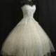 Vintage 50's 50s STRAPLESS Bombshell Ivory Tulle Embroidered Lace Party Prom Wedding DRESS Gown