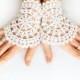 White crochet wedding bridal gloves with organza ribbon, boho bride gloves crochet mittens bracelet, fingerless lace gloves cuff mittens
