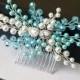 Aqua Blue Bridal Hair Comb, Pearl Crystal Wedding Comb, Teal White Hairpiece, Mint Blue Pearl Bridal Headpiece, Hair Jewelry, Floral Comb