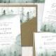 Forest Watercolor Wedding Invitations, pine tree wedding, wedding invites, wedding invitation, greenery, mountain, forest, green