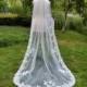 ONE TIER wedding lace veil  ivory lace trim veil  lace applique cathedral veil, long bridal veil, white veil  & vomb