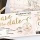 Destination Wedding Boarding Pass Save the Date Invitation in Gold and Blush Watercolor Nautical Cruise Design by Luckyladypaper