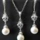 Pearl Bridal Jewelry Set, White Pearl Earrings&Necklace Set, Swarovski Pearl Silver Jewelry Set, Wedding Pearl Jewelry, Bridesmaids Jewelry