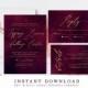 Burgundy Wedding Invitation Editable Template, Printable Wedding Invitation Suite, 100% Editable Template RSVP, Details Card, Templett