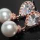 White Pearl Rose Gold Bridal Earrings, Swarovski 10mm Pearl CZ Pink Gold Earrings, Wedding White Drop Pearl Earrings Bridesmaid Prom Jewelry