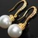 White Pearl Gold Earrings, Pearl Drop Wedding Earrings, Swarovski 10mm Pearl Earrings, Pearl Dangle Earrings Bridal Bridesmaid Pearl Jewelry