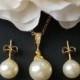 Pearl Gold Jewelry Set, Swarovski Ivory Pearl Earrings&Necklace Set, Wedding Pearl Set, Bridal Pearl Jewelry, Gold Pearl Bridal Jewelry Set