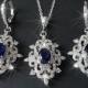 Bridal Jewelry Set, Wedding Earrings&Necklace Set, Navy Blue Silver Halo Jewelry Set, Vintage Bridal Jewelry Sapphire Blue Victorian Jewelry