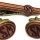 Personalized Engraved Wooden Tie Clip/Cuff Link Set. Available in Gold, Silver or Bronze Metal Finish