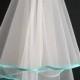 White Wedding Veil, Two Layers, Turquoise Satin Edging.