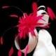 Beige and red fascinator with feathers and flower, Royal Ascot hat, TIB-004