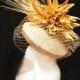 Mustard pill box hat with flower, veil and feathers, PBF-001