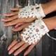 White crochet wedding bridal gloves with satin ribbon, crochet mittens bracelet, fingerless lace gloves, bridal accessories,