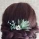 White and green floral hair comb Greenery hair piece Bridal flower hairpiece Eucalyptus wedding headpiece Olive leaves head piece