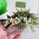White and green floral hair comb Wax flower hair piece Rustic wedding hairpiece Greenery headpiece White small flowers Rosemary leaves