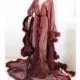 Luxury Sheer Fur Robe Lingerie Burgundy Wine / Feather trim robe with satin ties / burgundy lingerie / fur trim robe