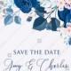 Navy blue pink roses royal indigo sapphire floral background wedding Invitation set PDF 5.25x5.25 in save the date personalized