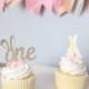 Some bunny is one cupcake toppers; 12ct; gold and pink bunny first birthday party treat dessert pick toppers; bunny birthday decor