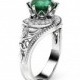 Halo Engagement Ring 14K White Gold Filigree Ring Natural Emerald Engagement Ring