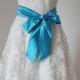 V-Neck Backless Short Ivory Lace Wedding Dress with Teal Blue Sash